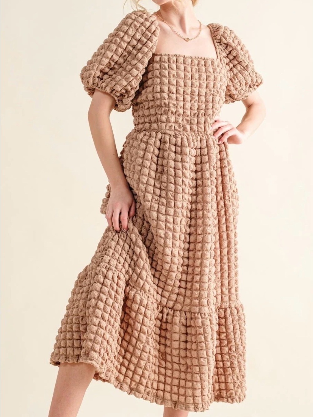 Simply Southern Beige Textured Puff-Sleeve Midi Dress - Picture 2 of 13